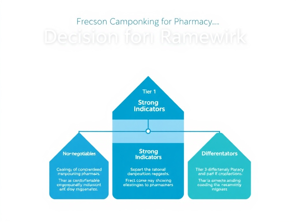 Decision framework flowchart for choosing a compounding pharmacy showing tier 1 non-negotiables, tier 2 strong indicators, and tier 3 differentiators