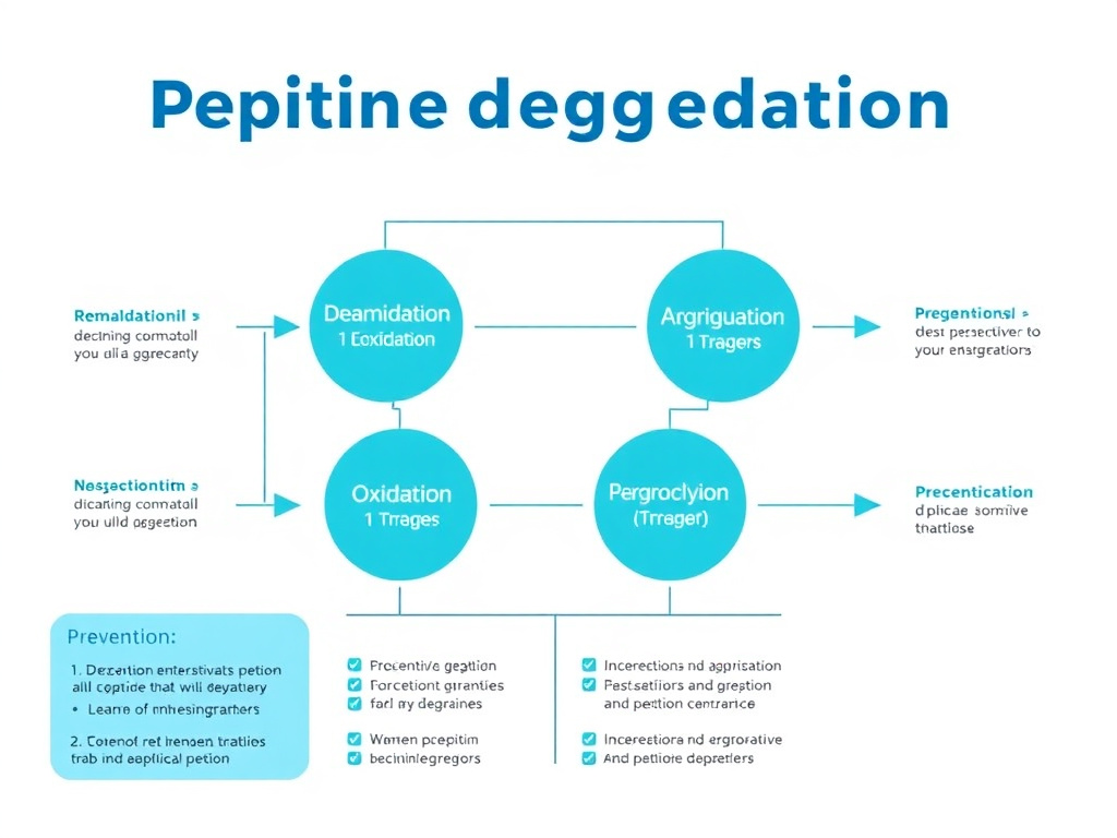 Diagram showing common peptide degradation pathways including deamidation, oxidation, aggregation, and hydrolysis with their triggers and prevention strategies