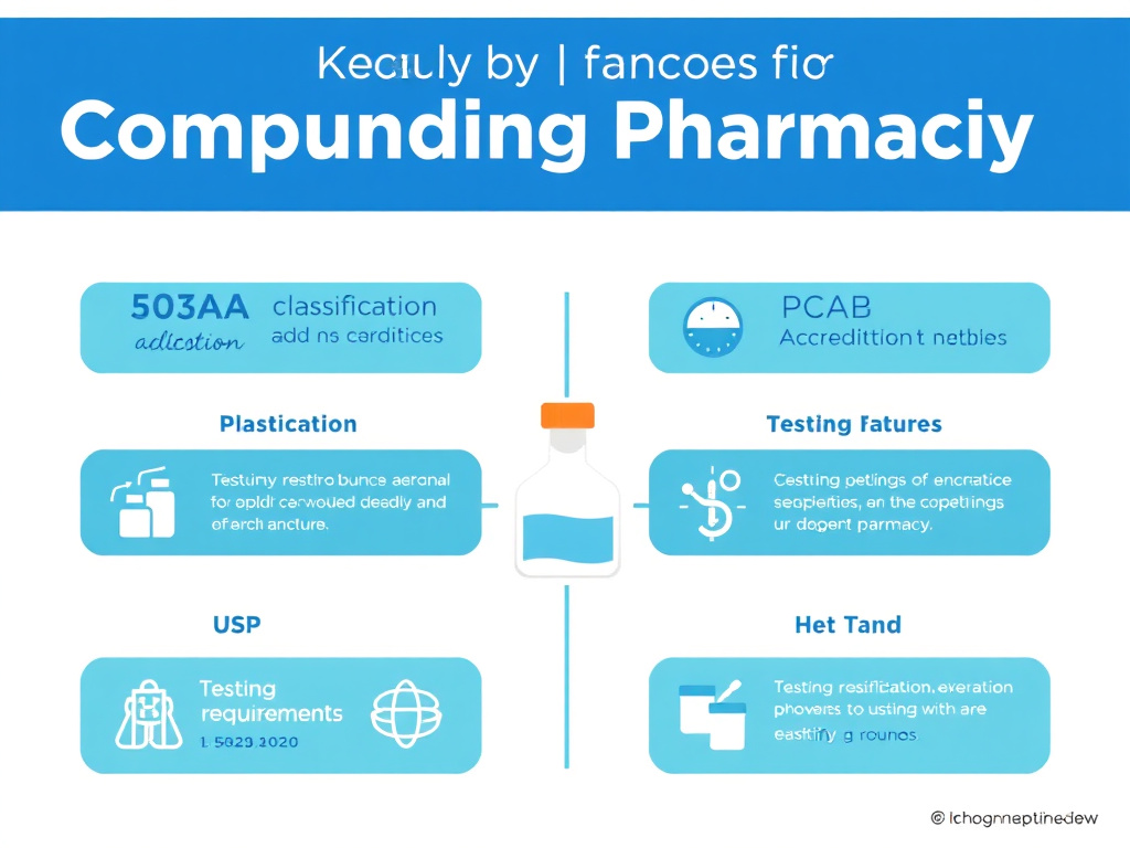 Infographic showing the key quality indicators for compounding pharmacies including 503A vs 503B classification, PCAB accreditation, USP compliance, and testing requirements