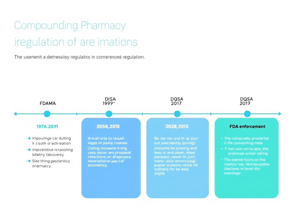 Timeline showing key events in compounding pharmacy regulation from FDAMA 1997 through DQSA 2013 to recent FDA enforcement actions