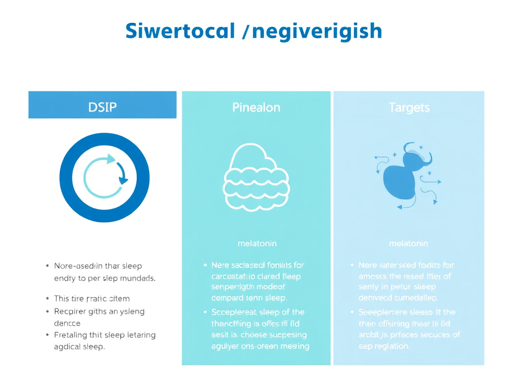 Comparative diagram showing the different mechanisms and targets of DSIP, Pinealon, and melatonin in sleep regulation