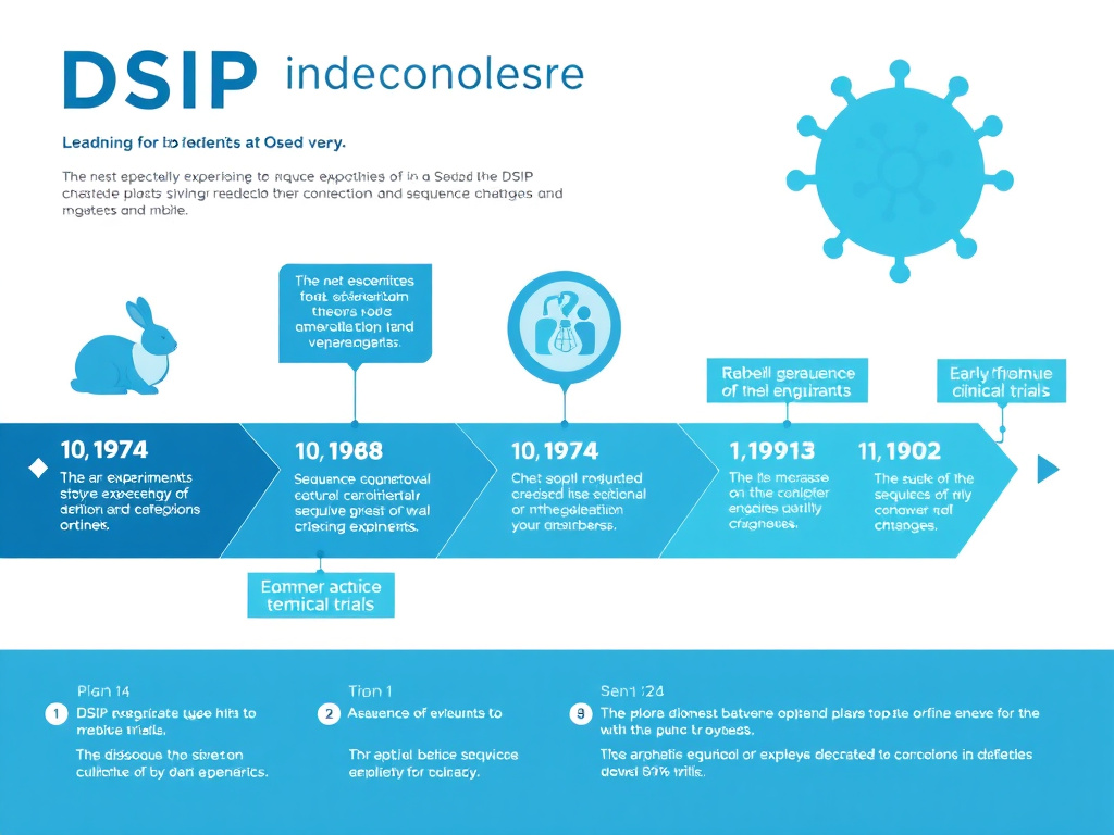Timeline showing the discovery and characterization of DSIP from 1974 rabbit experiments through sequence identification and early clinical trials in the 1980s