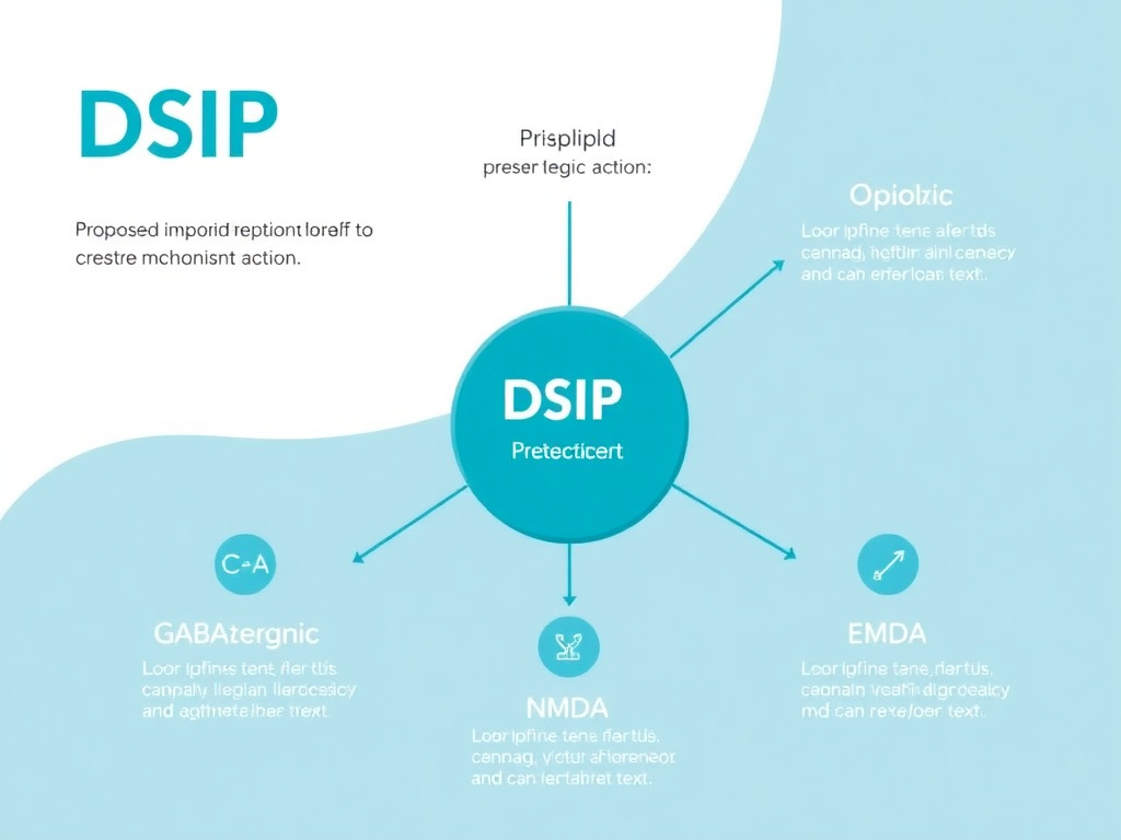 Diagram showing DSIP's proposed mechanism of action through multiple receptor systems including GABAergic, opioidergic, NMDA, and HPA axis pathways