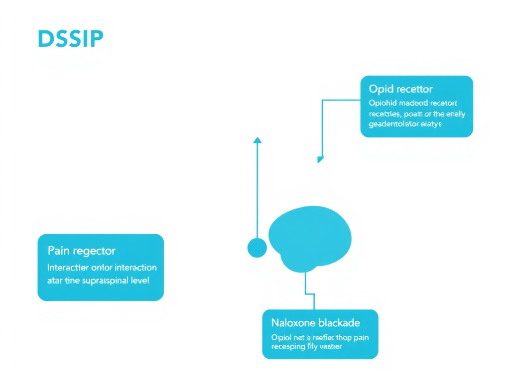 Illustration of DSIP's interaction with pain modulation pathways, showing opioid receptor interactions at supraspinal level and naloxone blockade