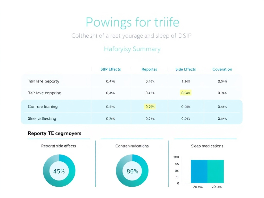 Safety profile summary for DSIP showing reported side effects, contraindications, and comparison with conventional sleep medications