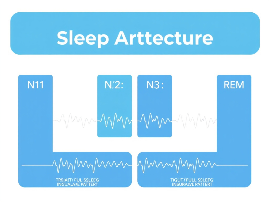 Diagram showing the four stages of sleep architecture including N1, N2, N3 slow-wave sleep and REM, with typical EEG waveform patterns for each stage