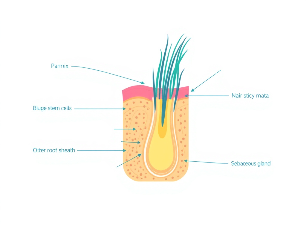 Detailed diagram of hair follicle anatomy showing dermal papilla, hair matrix, bulge stem cells, outer root sheath, inner root sheath, and sebaceous gland