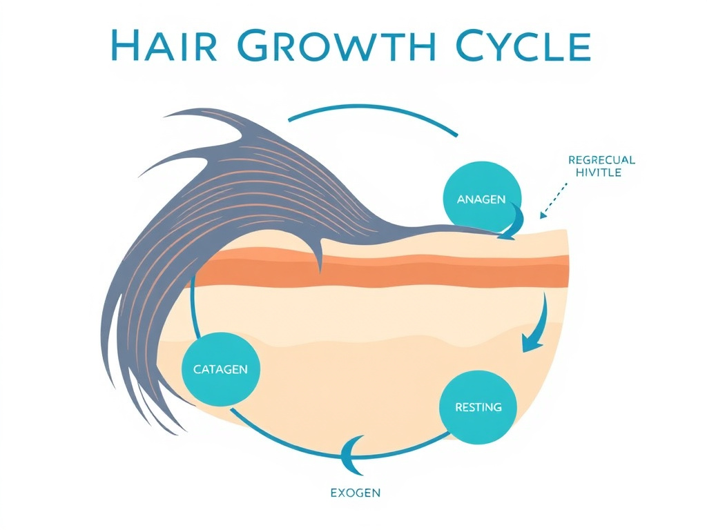 Diagram showing the hair growth cycle phases: anagen (active growth), catagen (regression), telogen (resting), and exogen (shedding), with key molecular signals labeled at each transition