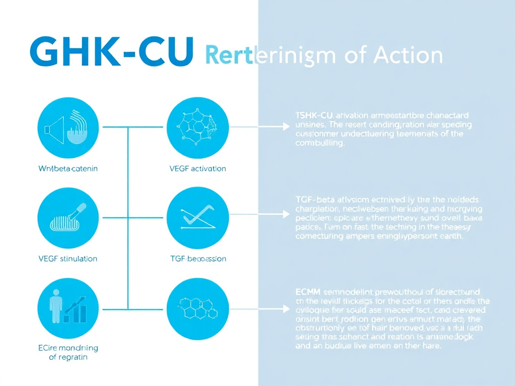 Infographic showing GHK-Cu mechanism of action for hair growth, including Wnt/beta-catenin activation, VEGF stimulation, TGF-beta suppression, and ECM remodeling pathways