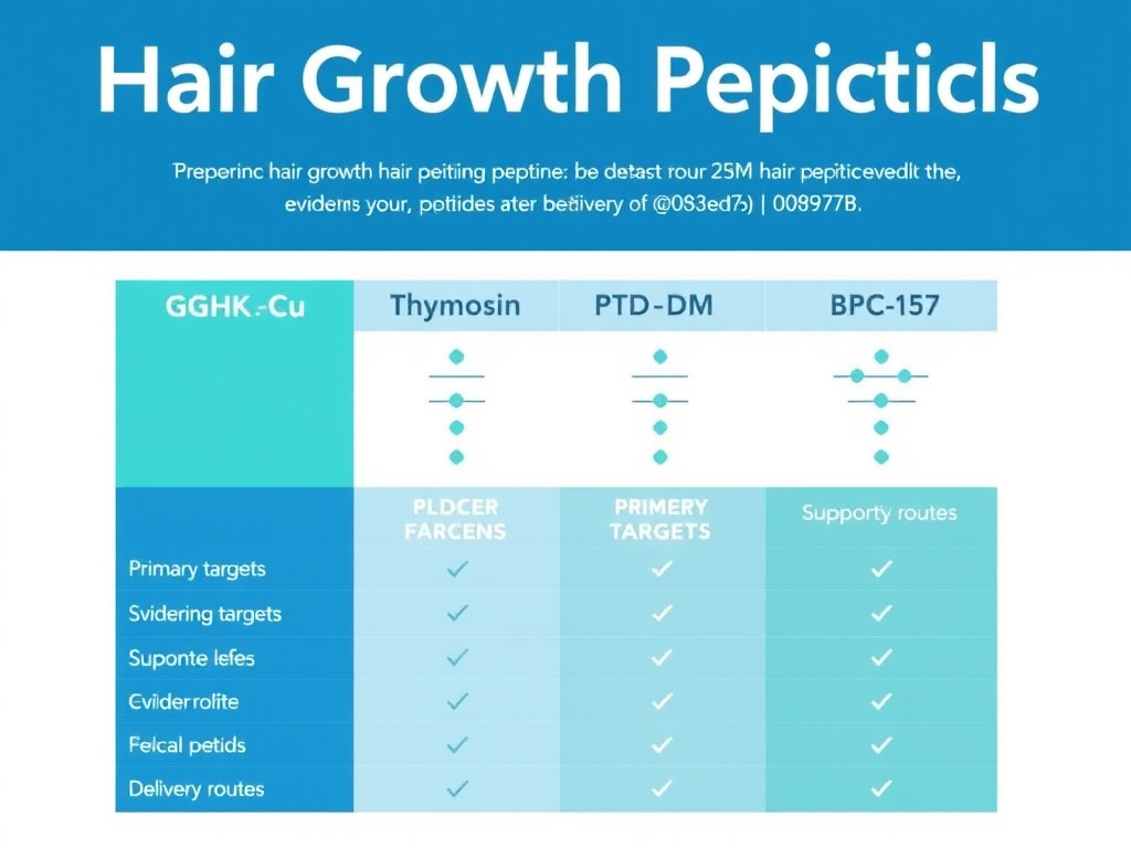 Comparison chart of hair growth peptides showing GHK-Cu, Thymosin Beta-4, PTD-DBM, BPC-157, and supporting peptides with their primary targets, evidence levels, and delivery routes