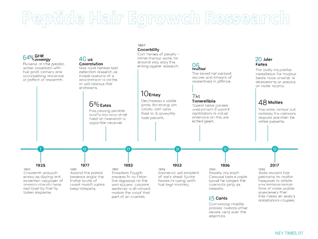 Timeline of key research milestones in peptide hair growth research from 1973 (GHK-Cu discovery) to present day, showing major publications and breakthroughs
