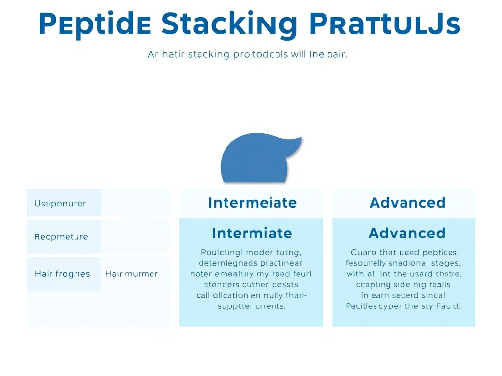 Infographic showing recommended peptide stacking protocols for hair growth at beginner, intermediate, and advanced levels