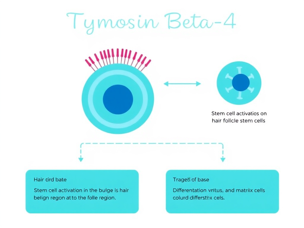 Diagram showing Thymosin Beta-4 mechanism of action on hair follicle stem cells, depicting stem cell activation in the bulge region, migration to the follicle base, and differentiation into matrix cells