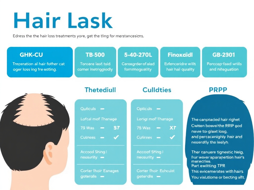 Visual comparison of hair loss treatments showing mechanisms, efficacy levels, side effects, and evidence quality for GHK-Cu, TB-500, minoxidil, finasteride, and PRP