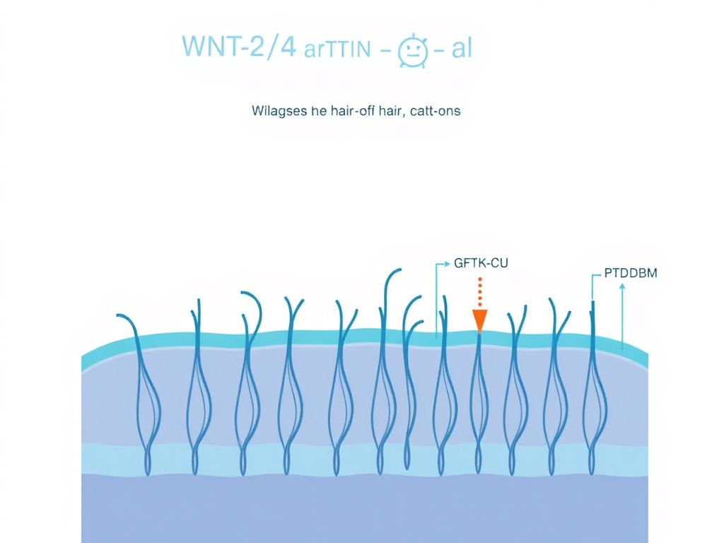 Detailed diagram of the Wnt/beta-catenin signaling pathway in hair follicles showing where GHK-Cu and PTD-DBM act to promote hair growth