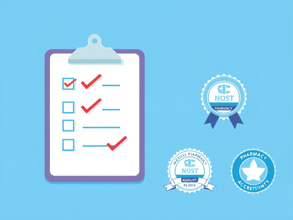 Pharmacy evaluation checklist with accreditation badges and quality checkmarks