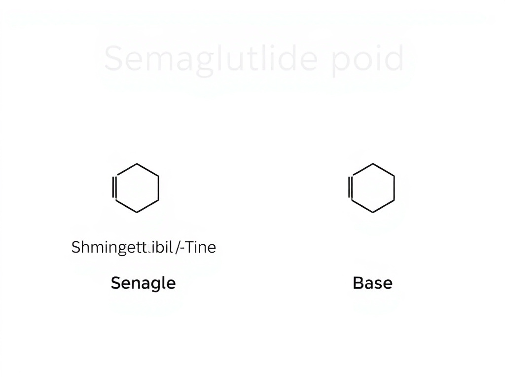 Molecular diagrams showing semaglutide sodium, acetate, and base salt forms
