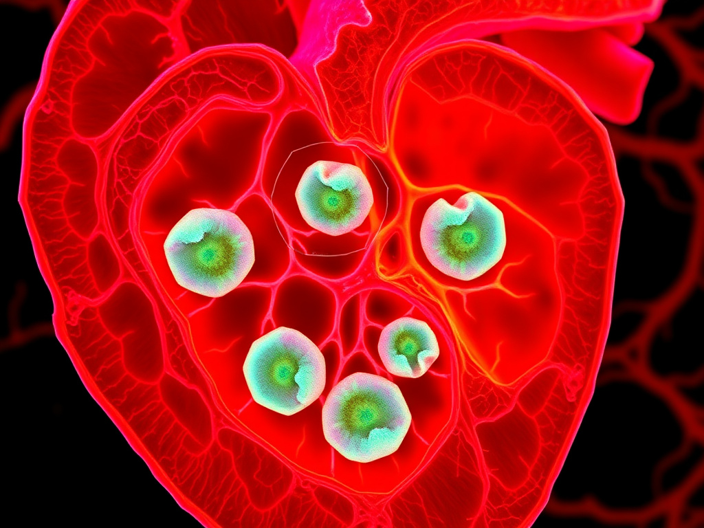 Cross-section of heart tissue showing GLP-1 receptor expression on cardiomyocytes and vascular endothelium