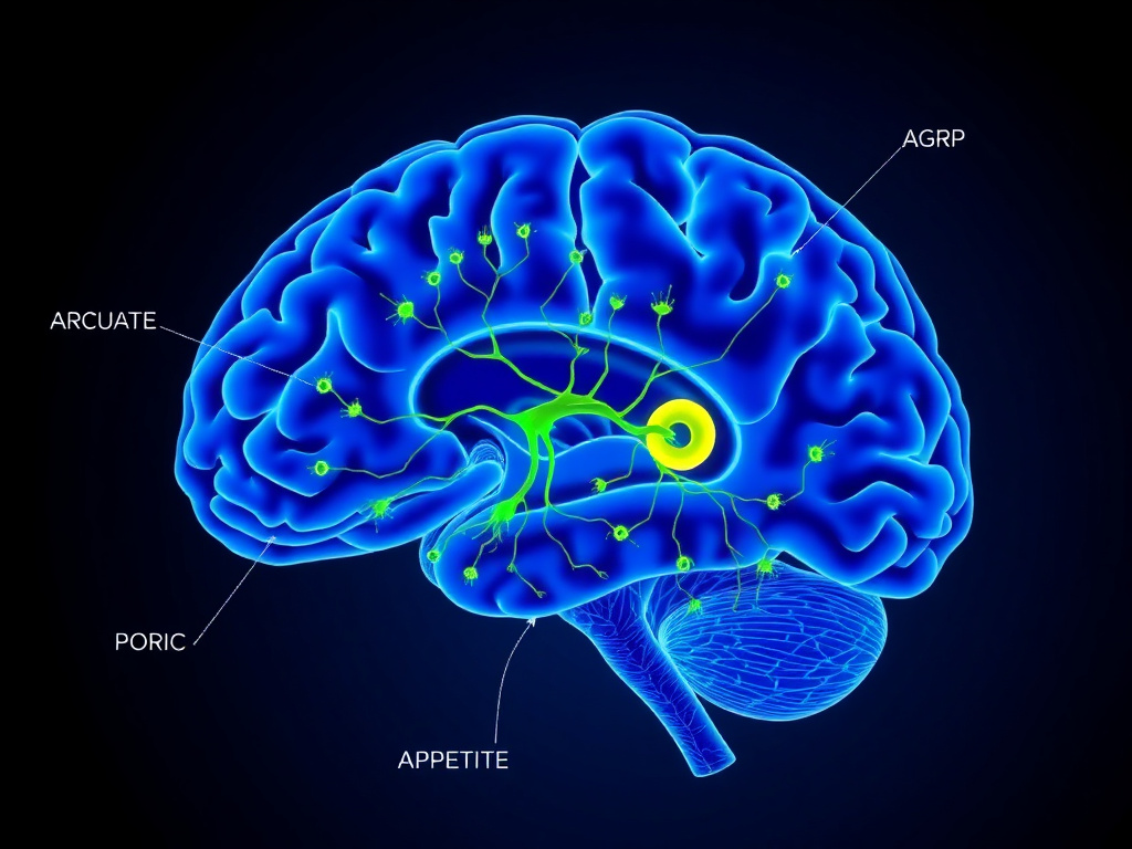 Cross-section of hypothalamus showing arcuate nucleus with POMC and AgRP neurons in appetite regulation circuits