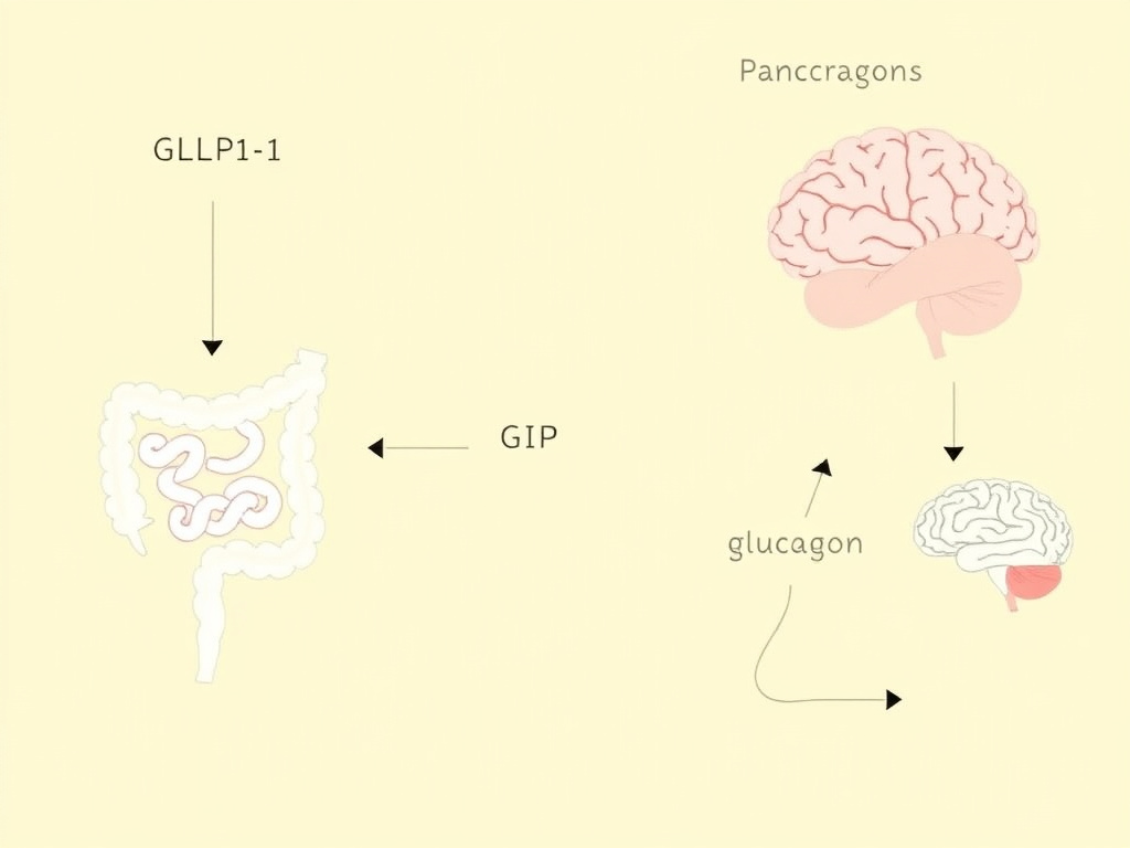 Scientific diagram of GLP-1, GIP, and glucagon hormone signaling pathways from gut to pancreas and brain