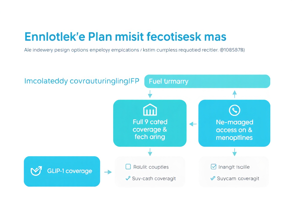 Diagram showing employer plan design options for GLP-1 medication coverage, from full formulary coverage to managed access programs