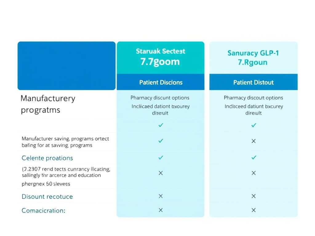 Comparison table of manufacturer savings programs, patient assistance programs, and pharmacy discount options for GLP-1 medications