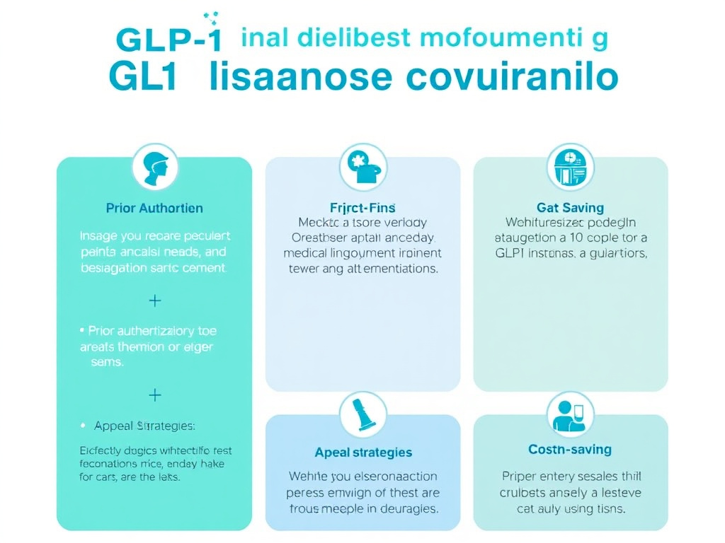 Summary infographic showing key strategies for obtaining GLP-1 insurance coverage including prior authorization tips, appeal strategies, and cost-saving alternatives