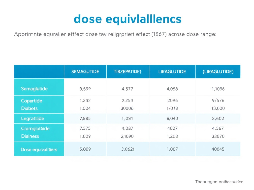 Visual dose equivalency reference chart showing approximate effect-level mapping between semaglutide, tirzepatide, and liraglutide across dose ranges