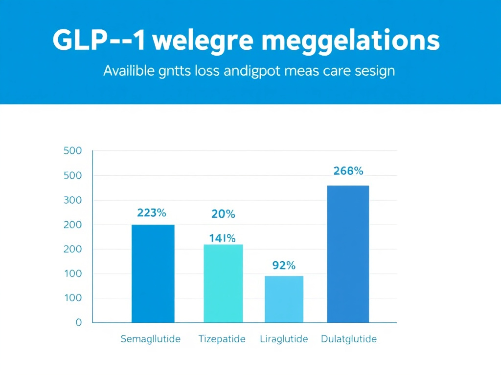Bar chart comparing weight loss percentages across available GLP-1 medications including semaglutide, tirzepatide, liraglutide, and dulaglutide