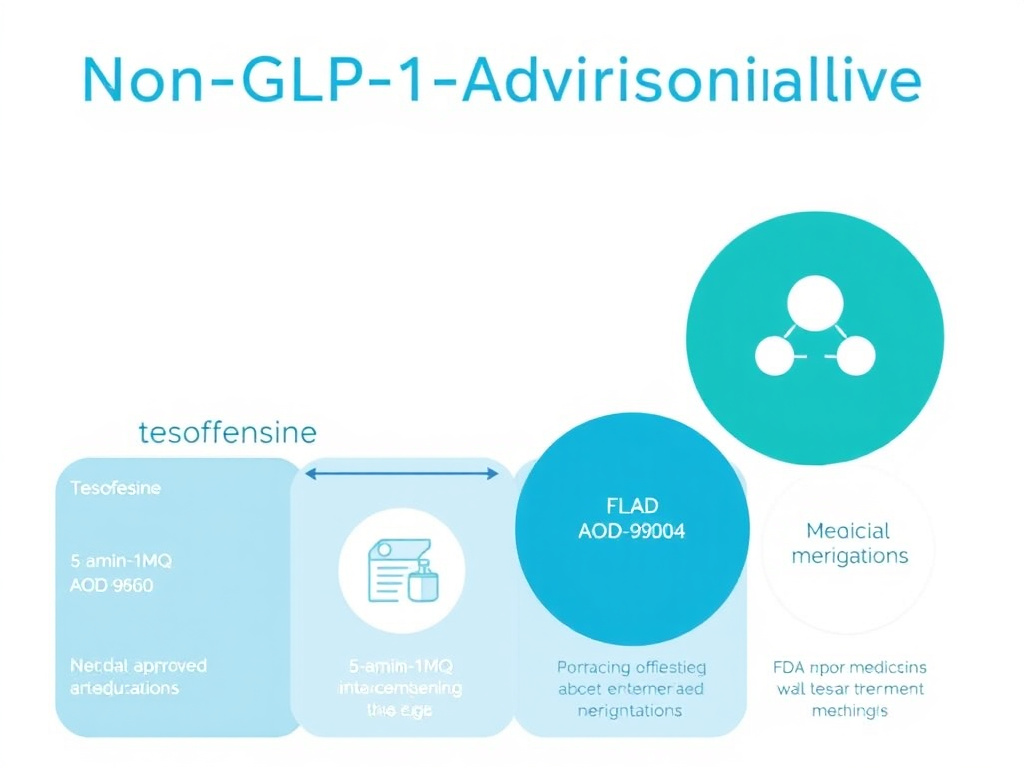 Diagram comparing the mechanisms of action of non-GLP-1 weight loss alternatives including tesofensine, 5-amino-1MQ, AOD-9604, and FDA-approved medications