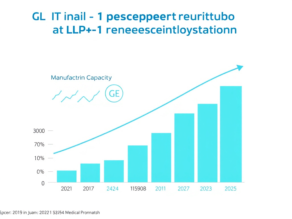 Chart showing the divergence between GLP-1 prescription demand growth at 442% and manufacturing capacity expansion from 2021 to 2025