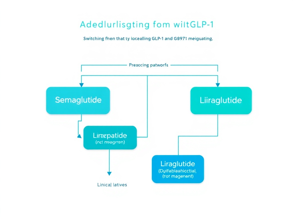 Clinical flowchart showing decision pathways for switching between GLP-1 medications including semaglutide, tirzepatide, and liraglutide