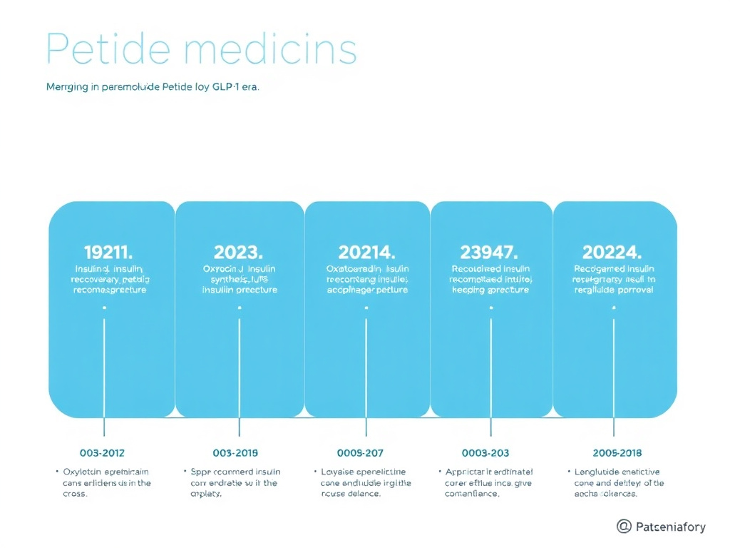 Visual timeline showing major milestones in peptide medicine from 1921 insulin discovery through 2024 GLP-1 era, including key dates for oxytocin synthesis, SPPS invention, recombinant insulin, and semaglutide approval