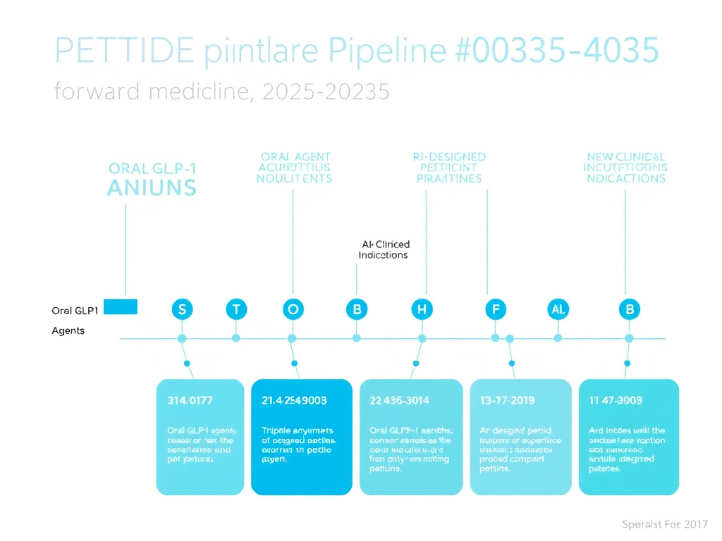 Forward-looking diagram showing the peptide medicine pipeline for 2025-2035, including oral GLP-1 agents, triple agonists, AI-designed peptides, and new clinical indications