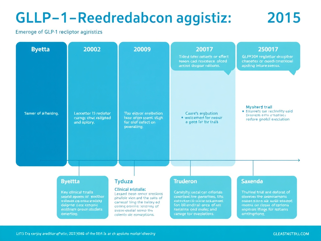 Timeline showing the emergence of GLP-1 receptor agonist drugs from 2005 to 2015, including Byetta, Victoza, Bydureon, Trulicity, and Saxenda with key clinical trial data