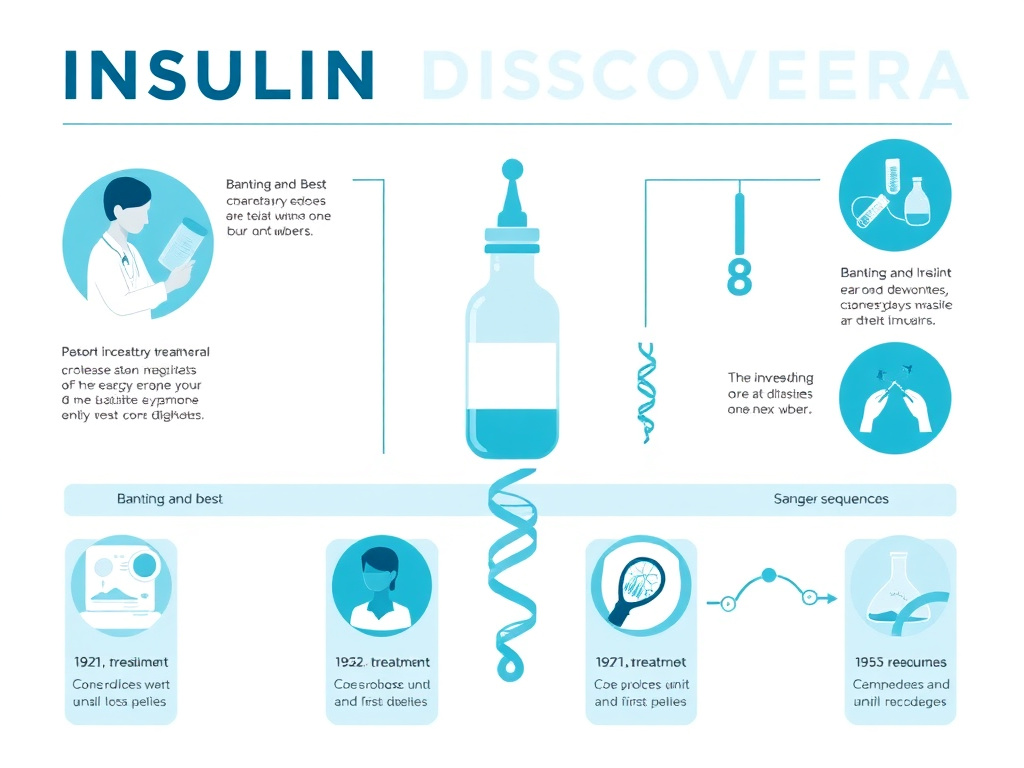 Illustration depicting the key events of the insulin discovery era from 1921 to 1955, including Banting and Best laboratory work, first patient treatment, and Sanger sequencing