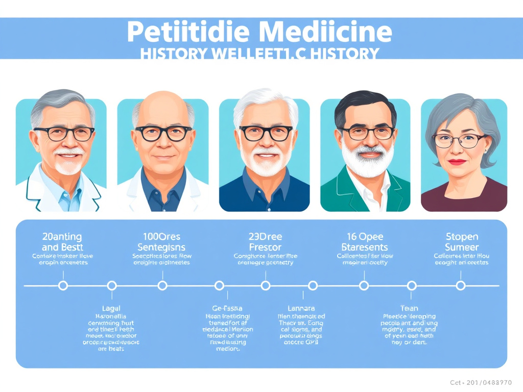 Portrait gallery and timeline showing the key scientists who shaped peptide medicine history, from Banting and Best through the GLP-1 pioneers