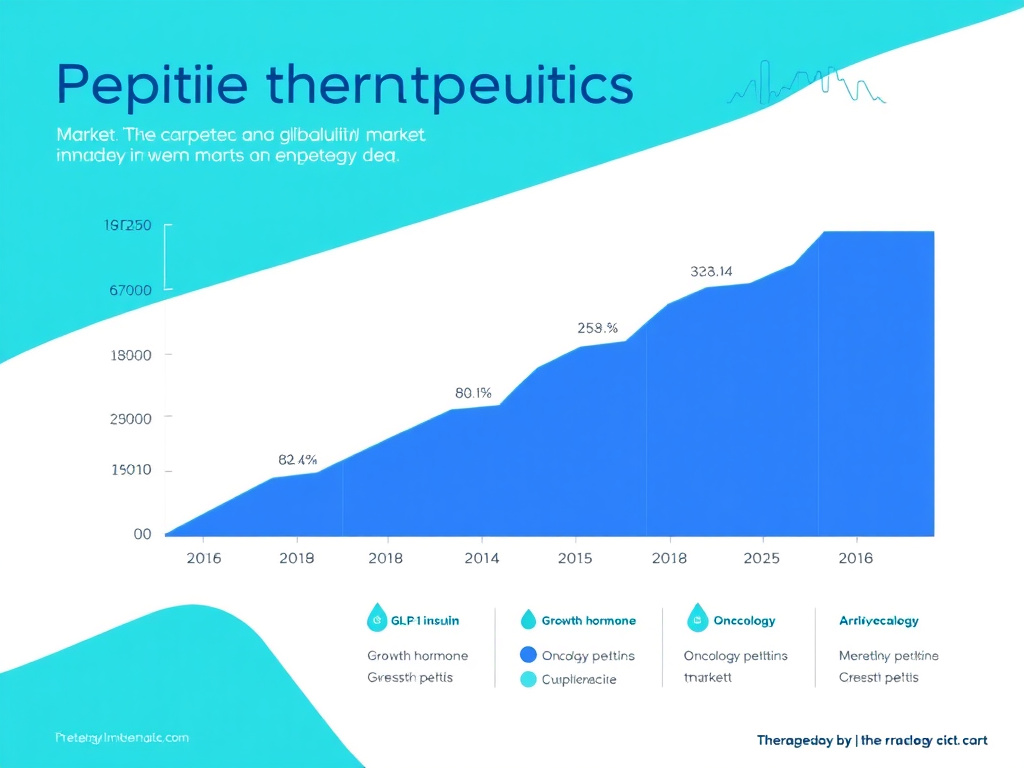 Market growth chart showing the expansion of the global peptide therapeutics market from 2015 to projected 2033, with breakdowns by therapeutic area including GLP-1, insulin, growth hormone, and oncology peptides