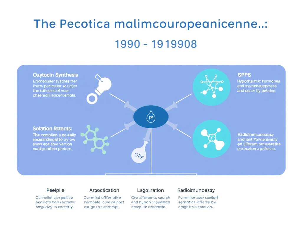 Diagram showing the key peptide discoveries and chemistry breakthroughs of the 1950s-1980s era, including oxytocin synthesis, SPPS, hypothalamic hormones, and radioimmunoassay