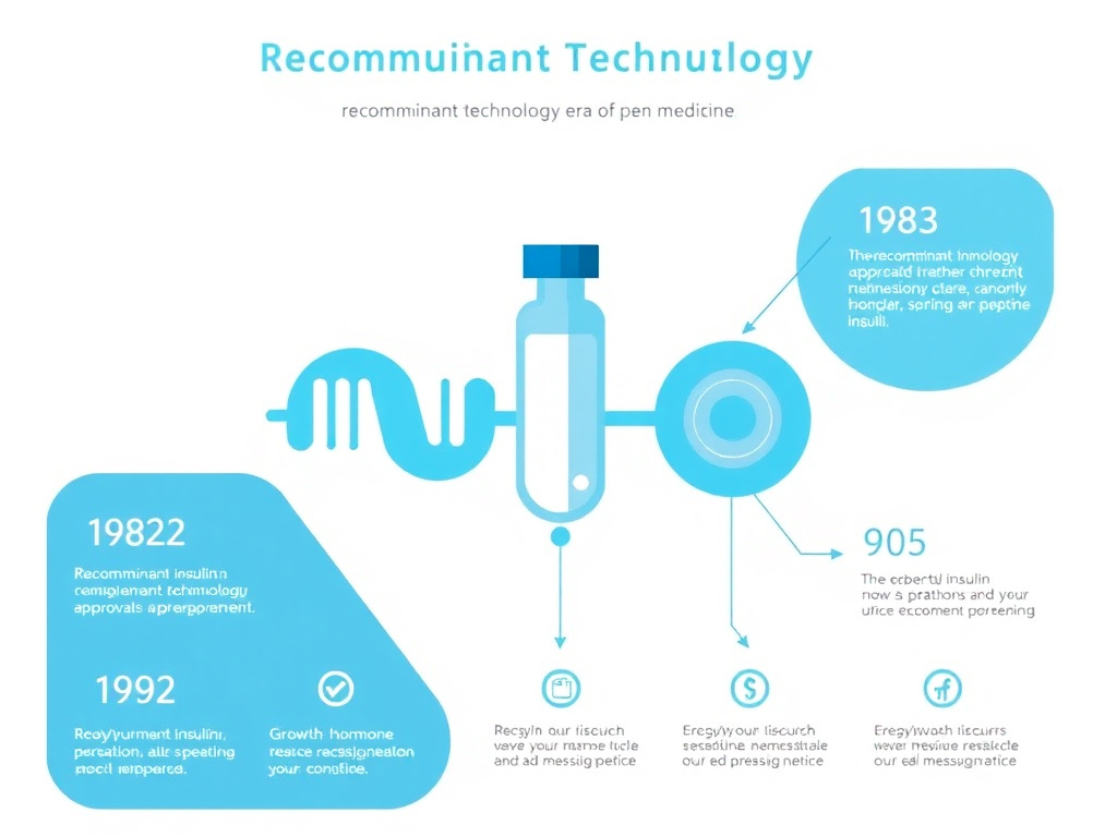 Infographic showing the recombinant technology era of peptide medicine, including recombinant insulin approval in 1982, growth hormone in 1985, and key biotech milestones