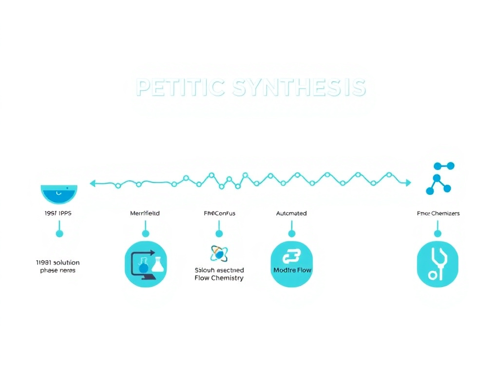 Diagram showing the evolution of peptide synthesis from Fischer's 1901 solution-phase method through Merrifield SPPS, Fmoc chemistry, automated synthesizers, and modern flow chemistry approaches