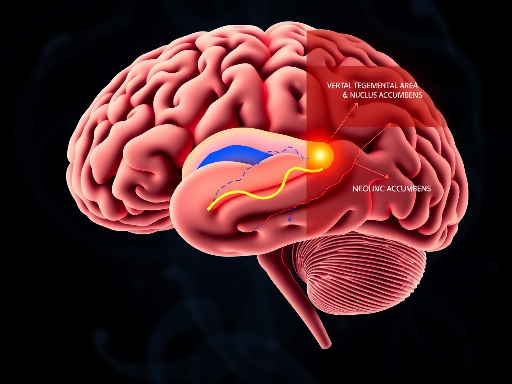 Brain reward pathway showing ventral tegmental area and nucleus accumbens with dopamine signaling modulated by GLP-1
