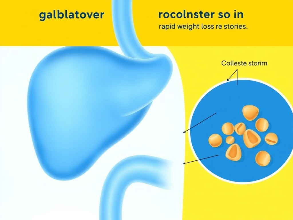 Medical illustration of gallbladder anatomy showing gallstone formation during rapid weight loss with labeled features