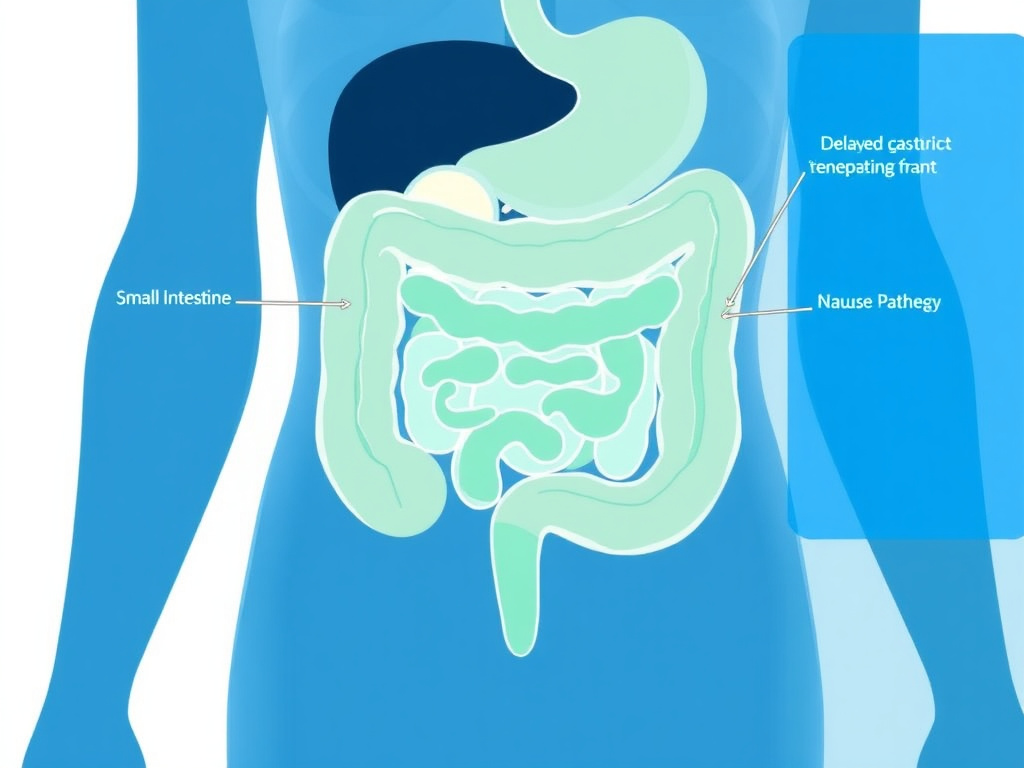 Anatomical diagram of the gastrointestinal tract showing GLP-1 receptor agonist effects on stomach, intestines, and brain nausea pathways