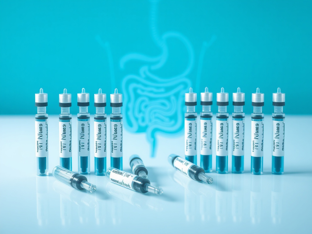 GLP-1 receptor agonist injection pens with gastrointestinal anatomy diagram showing side effect pathways
