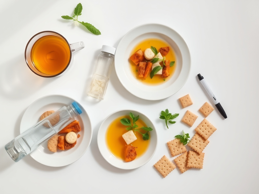 Anti-nausea management tools including ginger tea, small meals, water bottle, peppermint, and bland foods arranged on a clean surface