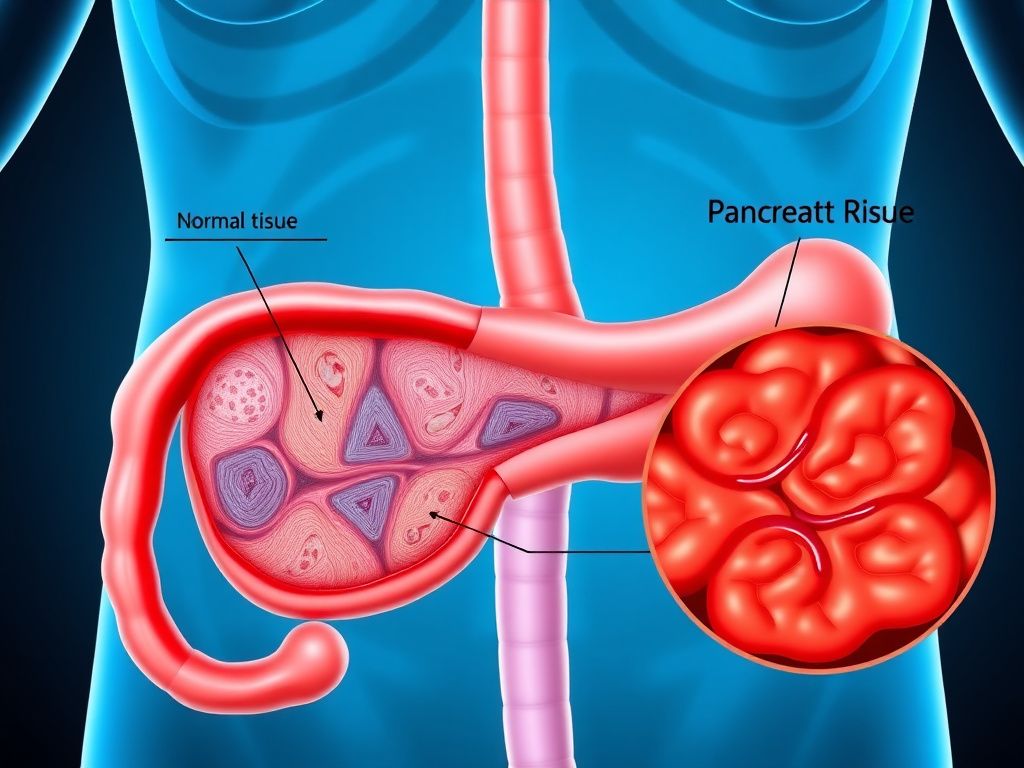 Medical anatomical illustration of the pancreas showing normal tissue compared to inflamed tissue in pancreatitis with risk indicators
