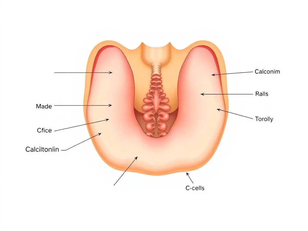 Medical diagram of the thyroid gland showing parafollicular C-cells and calcitonin production pathway relevant to GLP-1 safety concerns