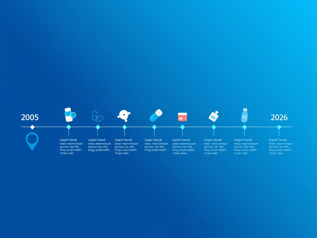 Timeline of GLP-1 drug development milestones from 2005 to 2026