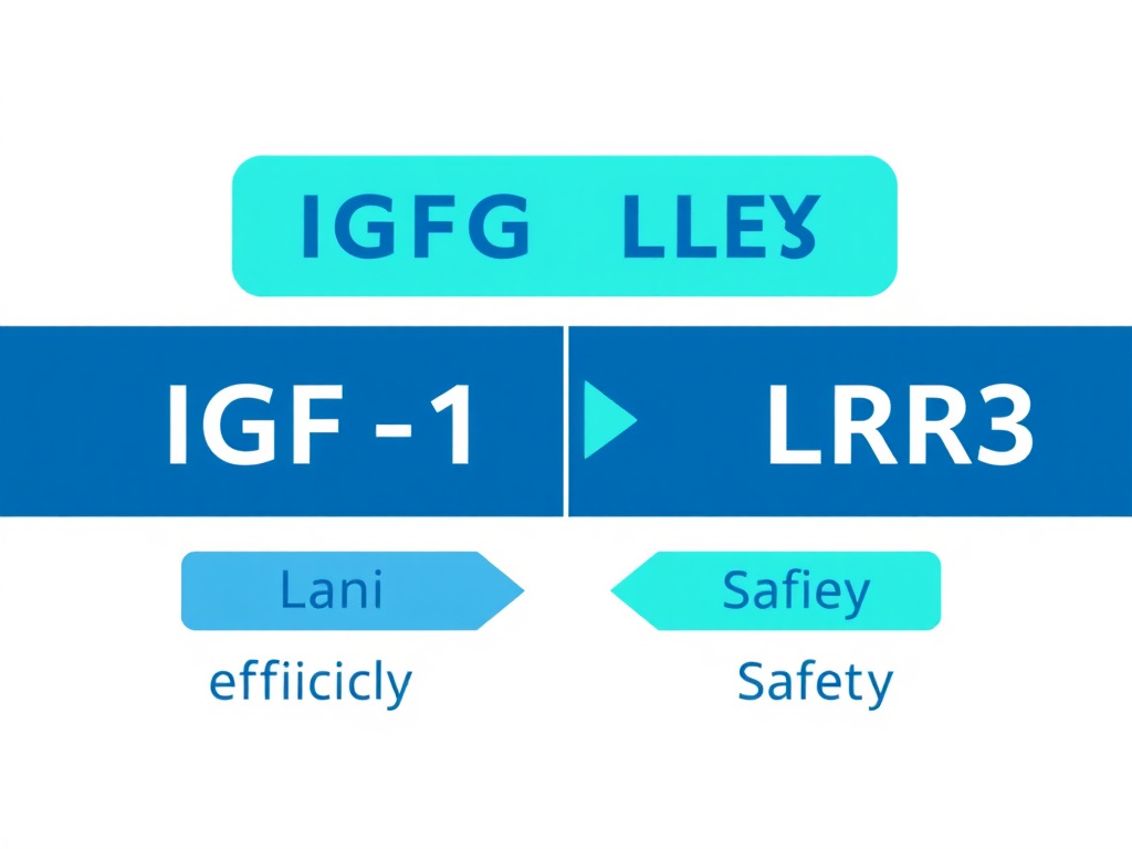 Comparison chart of IGF-1 LR3 versus other growth factor peptides including IGF-1 DES, GH secretagogues, and mecasermin